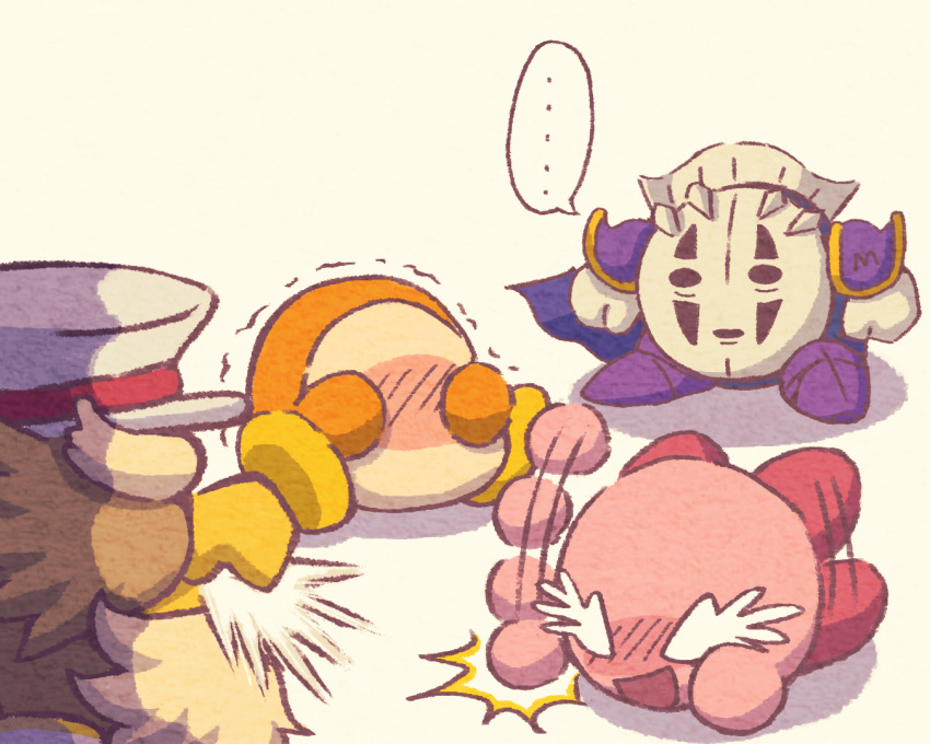 ... armor blue_cape blush cape captain_vul closed_eyes covering_face gloves kaonashi kirby kirby_(series) laughing meta_knight miclot no_humans open_mouth pauldrons sen_to_chihiro_no_kamikakushi shoulder_armor simple_background smile speech_bubble spit_take spitting spoken_ellipsis trembling waddle_dee white_gloves