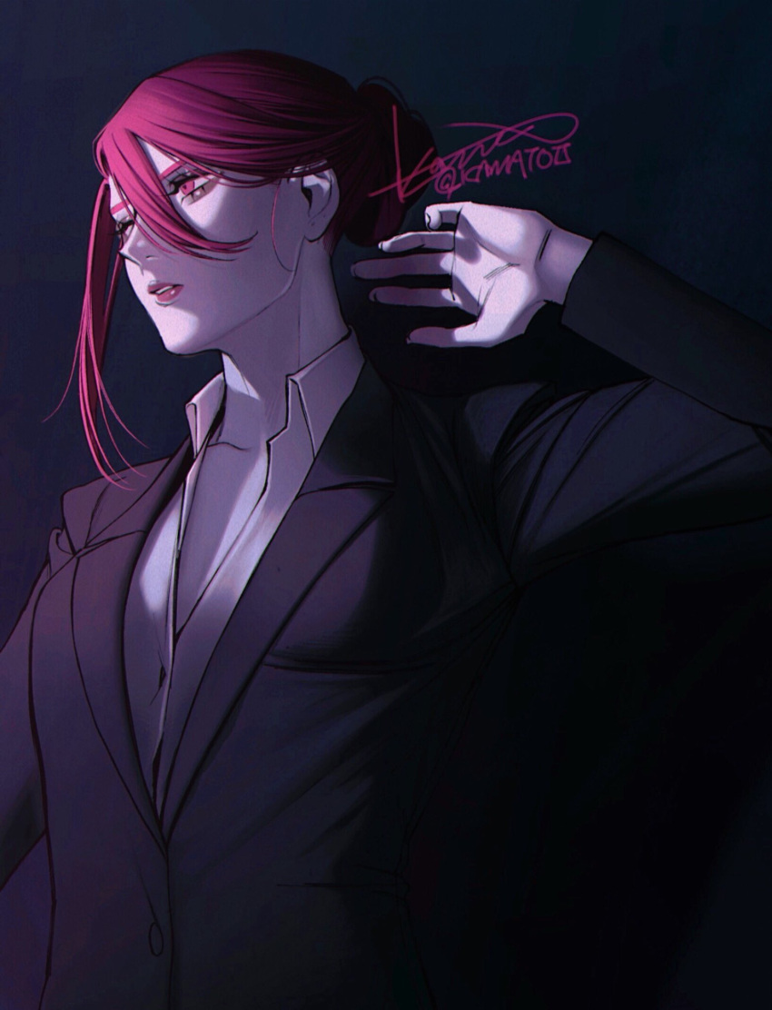 1girl black_background black_jacket collared_shirt gradient_background hair_between_eyes hand_up highres jacket kamato_il original parted_lips red_eyes redhead shadow shirt solo upper_body white_shirt