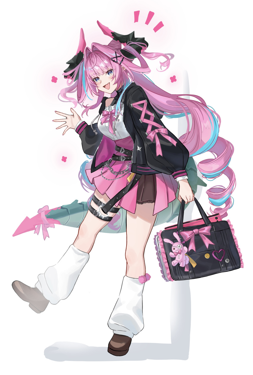 1girl absurdres alice_(alesssu) arknights arknights:_endfield coat commentary dragon_girl dragon_horns dragon_tail drill_hair full_body hair_intakes highres horns long_hair long_sidelocks loose_socks multicolored_hair open_clothes open_coat open_mouth pink_hair sidelocks simple_background socks solo streaked_hair tail twin_drills twintails untranslatable_commentary white_background yvonne_(arknights)