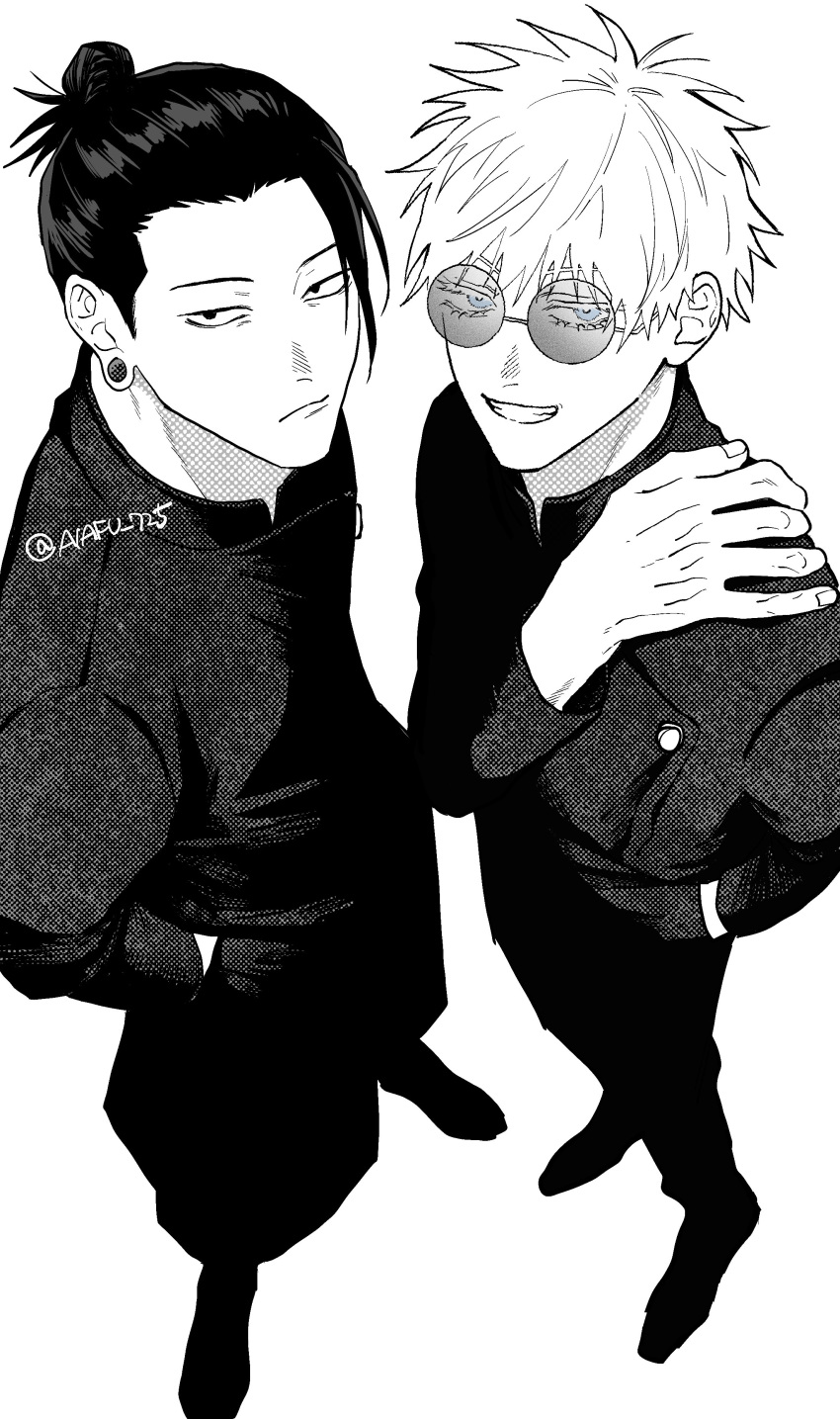 2boys absurdres aiafu_725 blue_eyes closed_mouth commentary_request from_above full_body getou_suguru glasses gojou_satoru greyscale hair_bun hair_pulled_back hand_in_pocket hand_on_own_shoulder highres jujutsu_kaisen jujutsu_tech_uniform looking_at_viewer male_focus monochrome multiple_boys round_eyewear short_hair simple_background smile spot_color standing twitter_username white_background