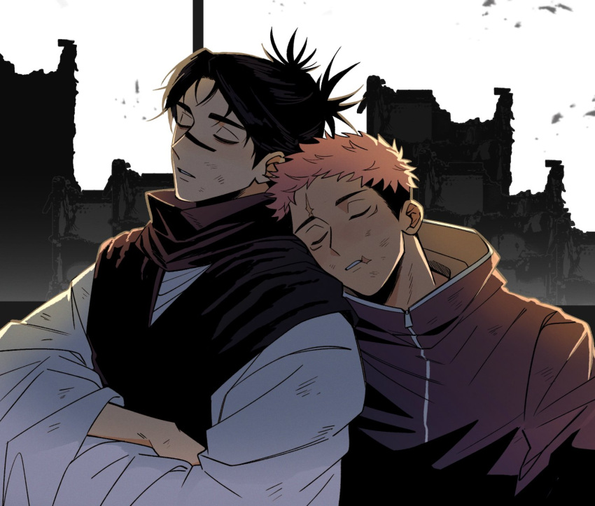 2boys black_hair brothers choso_(jujutsu_kaisen) closed_eyes closed_mouth commentary_request crossed_arms dirty dirty_face dori_suki_na facial_mark head_on_another's_shoulder highres hood hood_down hooded_jacket itadori_yuuji jacket jujutsu_kaisen male_focus multicolored_hair multiple_boys pink_hair robe ruins short_hair short_twintails siblings sleeping sleeping_on_person twintails two-tone_hair undercut upper_body white_background white_robe zipper zipper_pull_tab