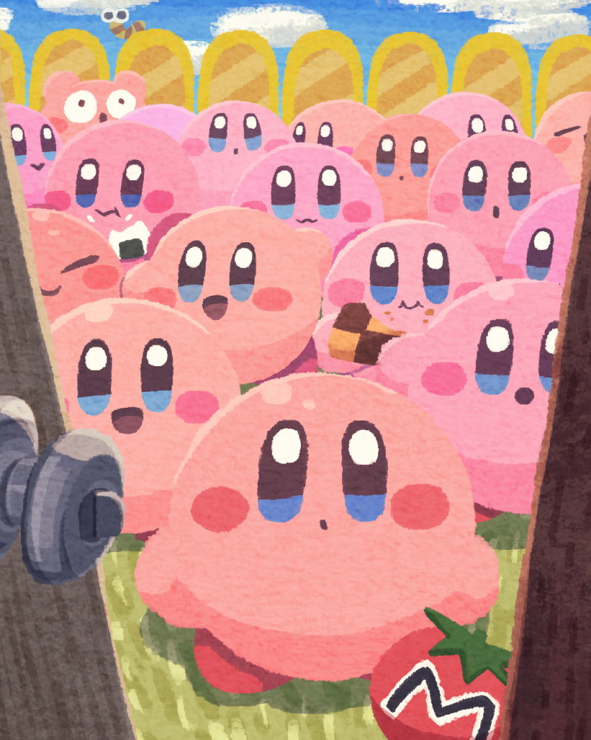 :3 blue_eyes checkered_necktie closed_mouth door eating food grass highres kirby kirby_(series) kirby_mass_attack looking_at_viewer maxim_tomato miclot necktie no_humans onigiri open_mouth smile worm