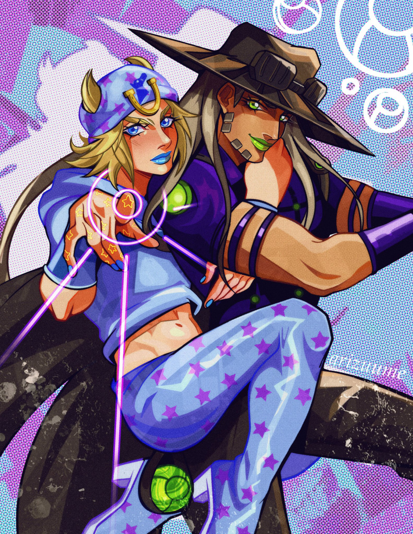 2boys arizuume armband artist_name beanie beard blonde_hair blue_eyes blue_hat blue_hoodie blue_lips blue_nails blue_pants book_cover_redraw brown_cape brown_pants cape closed_mouth commentary cowboy derivative_work english_commentary facial_hair goggles goggles_on_headwear green_eyes green_lips gyro_zeppeli hat highres holster hood hood_down hoodie horseshoe_hat_ornament horseshoe_ornament johnny_joestar jojo_no_kimyou_na_bouken jojo_pose long_hair looking_at_viewer makeup male_focus medium_hair midriff multiple_boys navel pants pink_hair pointing pointing_at_viewer purple_armband purple_shirt recolored shirt short_sleeves smile star_(symbol) star_print steel_ball_(jojo) steel_ball_run toned toned_male wristband