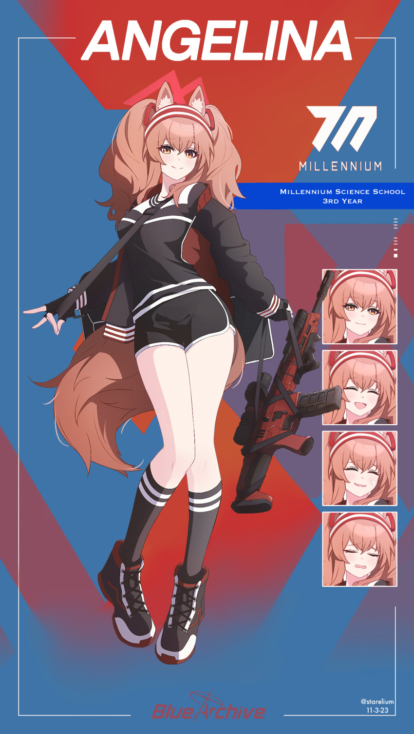 1girl absurdres angelina_(arknights) animal_ears arknights black_footwear black_necktie black_shirt black_shorts black_socks blush breasts brown_eyes brown_hair character_name dated expressions fluffy fox_ears fox_girl fox_tail full_body gun hairband highres holding holding_gun holding_weapon jacket kneehighs large_tail long_hair long_sleeves necktie open_clothes open_jacket red_hairband red_jacket shirt shorts small_breasts smile socks solo standing starelium striped striped_hairband tail twintails weapon