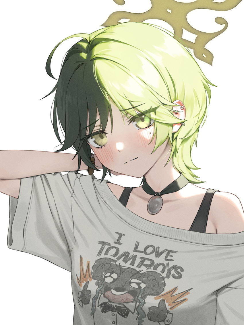 1girl absurdres b1026 black_choker blue_archive blush bra choker ear_piercing english_text fuyu_(blue_archive) green_eyes green_hair halo hashtag-only_commentary highres looking_at_viewer medium_hair piercing shirt short_sleeves simple_background sunlight t-shirt tomboy underwear white_background yellow_halo