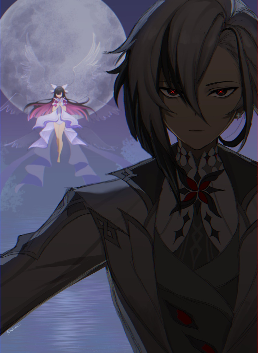 2girls arlecchino_(genshin_impact) black_eyes black_hair closed_mouth coat columbina_(genshin_impact) commentary dress earrings english_commentary full_moon genshin_impact grey_coat grey_hair hair_between_eyes highres jewelry long_hair looking_at_viewer memxcll moon multicolored_hair multiple_girls multiple_wings pink_hair red_pupils streaked_hair symbol-shaped_pupils transparent_wings upper_body white_dress wings x-shaped_pupils