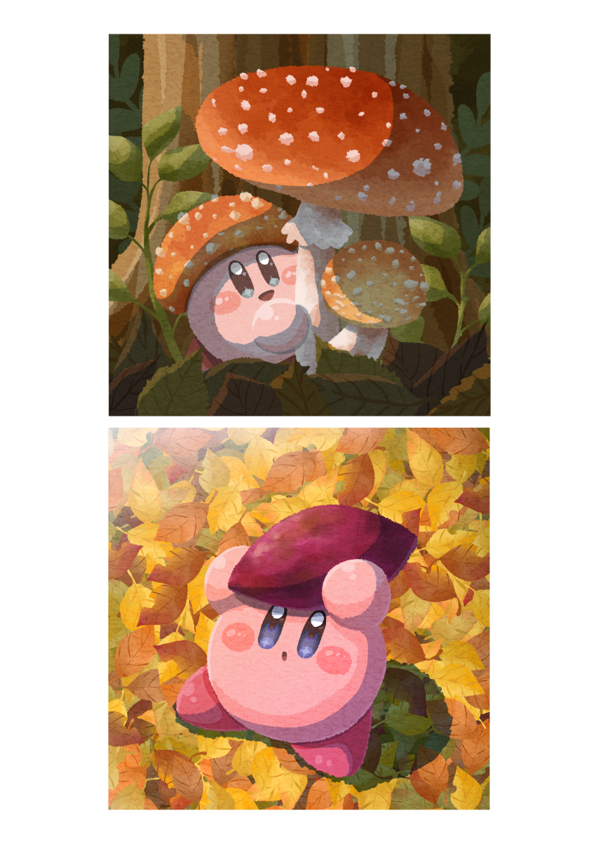absurdres blue_eyes blush_stickers fly_agaric food forest highres holding kirby kirby_(series) leaf looking_at_viewer miclot mushroom nature no_humans open_mouth pink_footwear shoes simple_background smile sweet_potato white_background