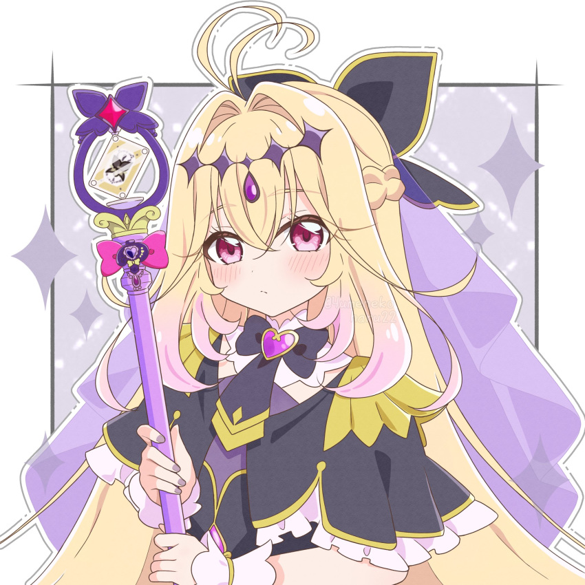 1girl antenna_hair black_bow black_bowtie black_capelet blonde_hair bow bowtie capelet chest_jewel closed_mouth cure_arcana_shadow expressionless eyelashes frilled_capelet frills gradient_hair grey_nails hair_between_eyes hair_bow hair_intakes highres holding holding_wand light_blush long_hair magical_girl meitantei_precure! moria_luluka multicolored_hair pink_eyes pink_hair precure sizuki_haru solo sparkle sparkle_hair_ornament two-tone_hair upper_body very_long_hair wand white_wrist_cuffs wrist_cuffs