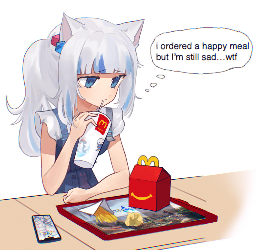 1girl absurdres after_meal animal_ears bloop_(gawr_gura) blue_hair cat_ears cellphone cookiedusty crumpled_paper cube_hair_ornament cup derivative_work disposable_cup drinking drinking_straw drinking_straw_in_mouth english_commentary english_text food french_fries frown gawr_gura gawr_gura_(2nd_costume) grey_hair hair_ornament hand_on_table happy_meal highres hololive hololive_alternative hololive_english mcdonald's meme multicolored_hair phone restaurant sad simple_background sitting smartphone solo streaked_hair thought_bubble tray virtual_youtuber walfie_(style) white_background