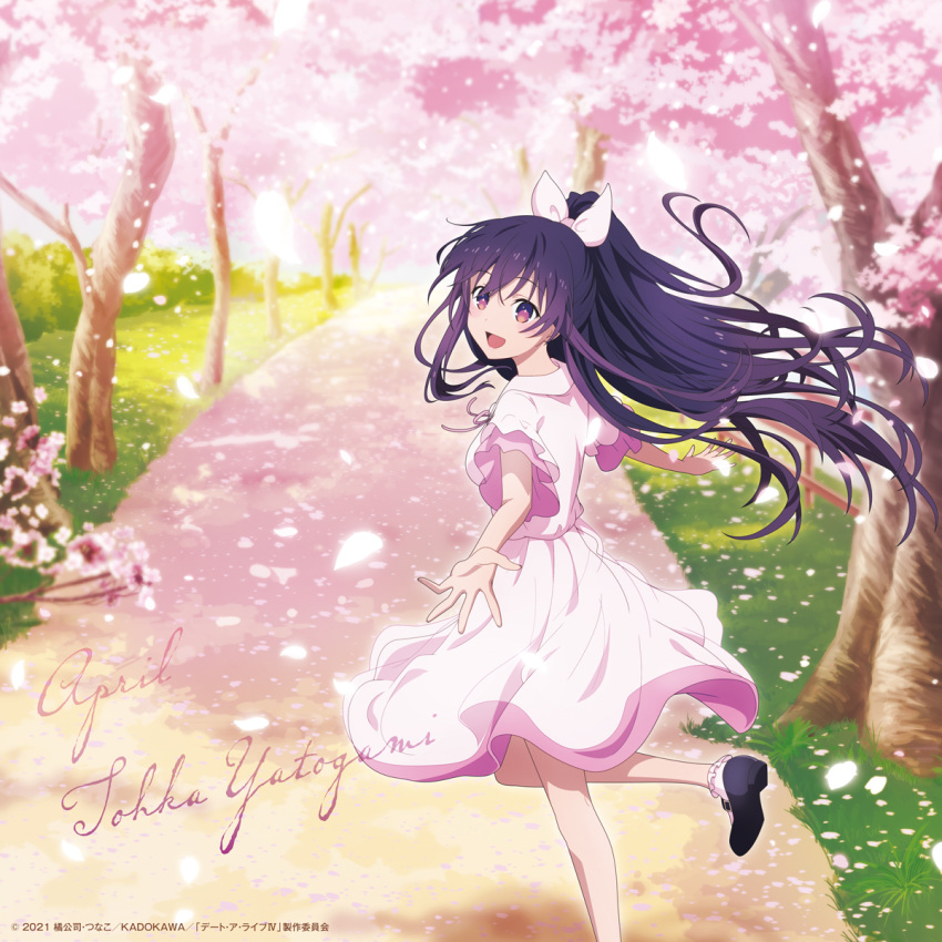 1girl black_footwear bow bush character_name cherry_blossoms date_a_live dress falling_petals grass hair_bow happy highres official_art open_mouth park petals pink_dress ponytail purple_hair road violet_eyes yatogami_tooka
