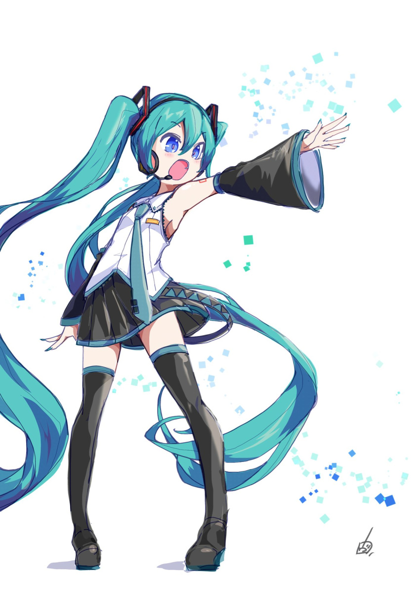 1girl aqua_hair aqua_nails aqua_necktie black_skirt black_sleeves blue_eyes detached_sleeves hatsune_miku headphones headset highres long_hair necktie number_tattoo open_mouth shirt skirt sleeveless sleeveless_shirt tattoo twintails vocaloid vorusan_(volver39) white_background white_shirt