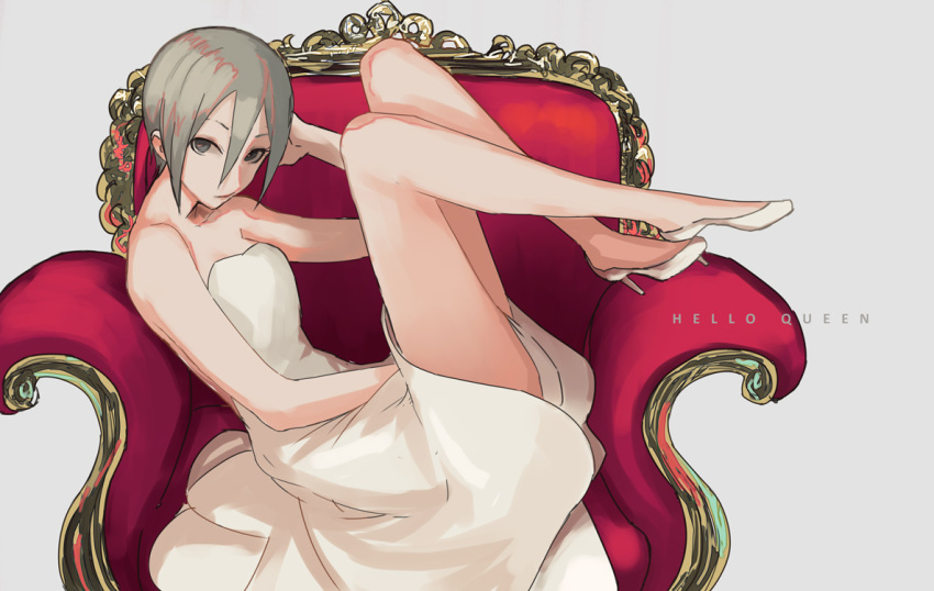 1girl bare_shoulders black_eyes blush breasts dress from_side full_body grey_hair hair_between_eyes hand_on_own_head hands_up high_heels idolmaster idolmaster_cinderella_girls idolmaster_cinderella_girls_starlight_stage jewelry legs_up looking_at_viewer medium_breasts on_chair sawarakajin shiomi_syuko short_hair simple_background sitting solo strapless strapless_dress white_background white_dress white_footwear