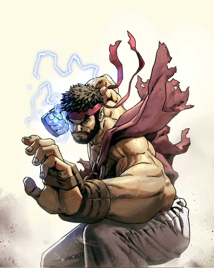 1boy arms_up beard brown_hair cape clenched_hand closed_mouth commentary english_commentary facial_hair fingerless_gloves frown gloves headband heyjay highres male_focus muscular muscular_male o-ring pants red_headband ryu_(street_fighter) short_hair solo street_fighter street_fighter_6 thick_eyebrows torn_cape torn_clothes white_pants