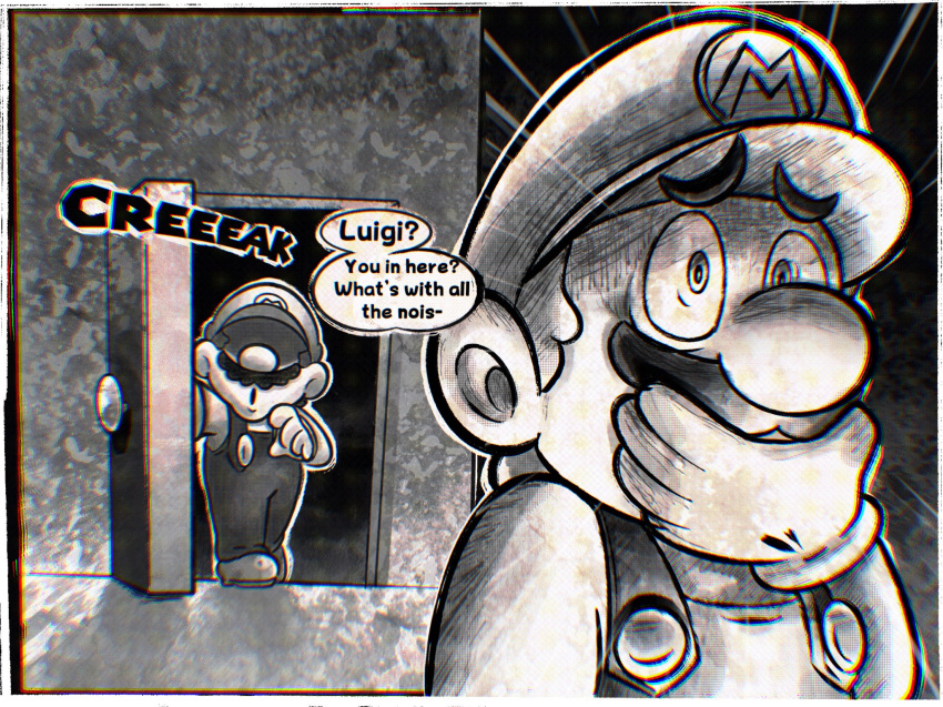 2boys brothers chromatic_aberration commentary constricted_pupils covering_mouth door emphasis_lines english_text facial_hair gloves greyscale hat highres jiggidyjakes luigi male_focus mario monochrome multiple_boys mustache overalls shaded_face siblings super_mario_bros. surprised