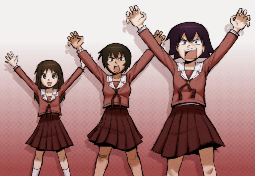 3girls :d :o \o/ arms_up azumanga_daioh azumanga_daioh's_school_uniform bandaid bandaid_on_knee bandaid_on_leg bob_cut bonklers brown_eyes brown_hair claw_pose collarbone commentary constricted_pupils drop_shadow english_commentary feet_out_of_frame gradient_background hair_between_eyes halftone_texture kagura_(azumanga_daioh) kasuga_ayumu kneehighs long_hair long_sleeves looking_at_viewer multiple_girls neck_ribbon ompompom999 open_mouth outstretched_arms pink_serafuku pink_shirt pleated_skirt red_ribbon red_skirt ribbon sailor_collar school_uniform serafuku sharp_teeth shirt short_hair shouting sketch skirt smile socks spread_legs square_mouth standing takino_tomo tan teeth v-shaped_eyebrows v-shaped_eyes white_background white_sailor_collar white_socks winter_uniform