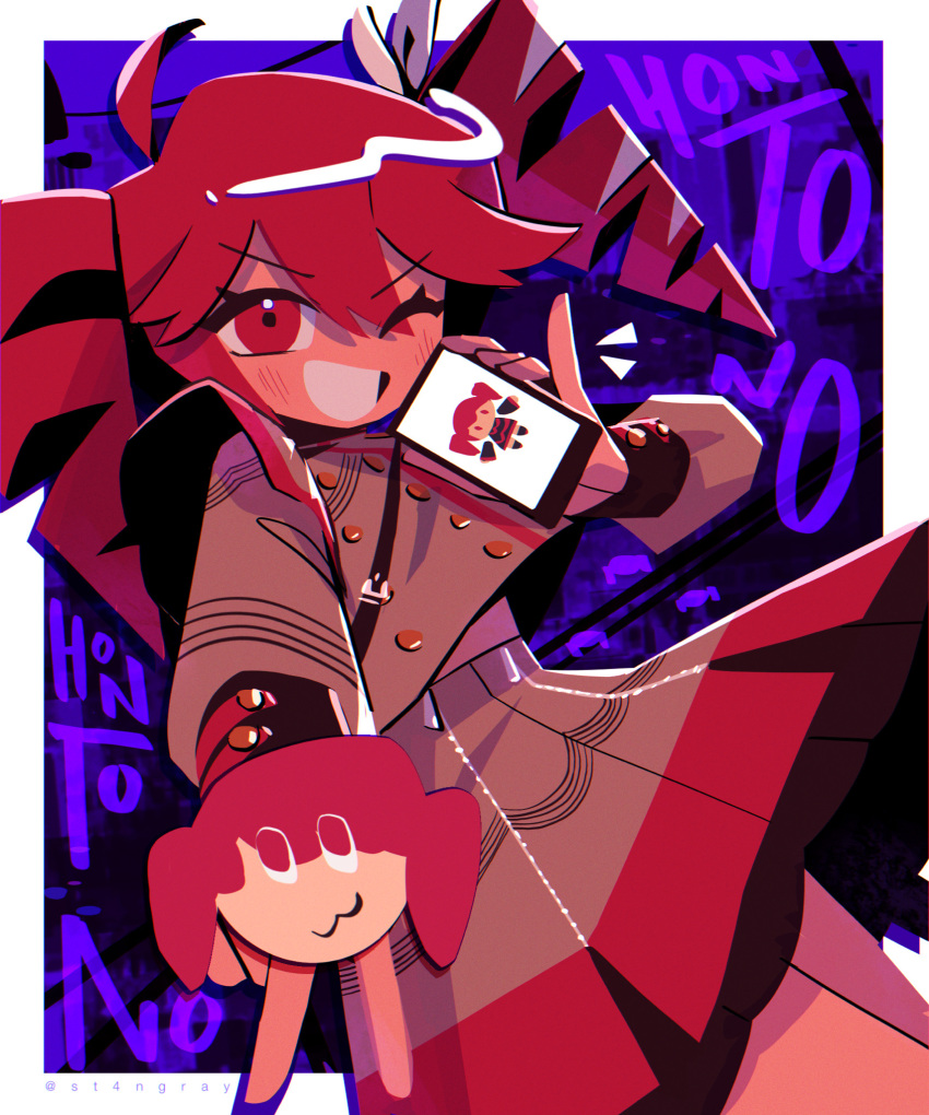 1girl ;d ahoge border bow buttons chromatic_aberration commentary cowboy_shot cropped_torso double-breasted double-parted_bangs drill_hair english_commentary eyes_visible_through_hair film_grain grey_jacket grey_skirt grin gyaru_v hair_between_eyes hair_bow hand_up high-waist_skirt highres holding holding_phone hontono_(utau) jacket kasane_teto kasane_teto_(sv) kasane_teto_(utau) layered_sleeves leaning_to_the_side long_sleeves looking_at_viewer medium_hair midriff miniskirt musical_staff musical_staff_print no_nose one_eye_closed outside_border outstretched_arms petticoat phone pinky_out puffy_long_sleeves puffy_sleeves purple_background red_eyes red_hair red_trim short_over_long_sleeves short_sleeves shoulder_belt sidelocks simple_background skirt sleeve_cuffs smile solo st4ngray standing synthesizer_v twin_drills utau v v-shaped_eyebrows white_border white_bow