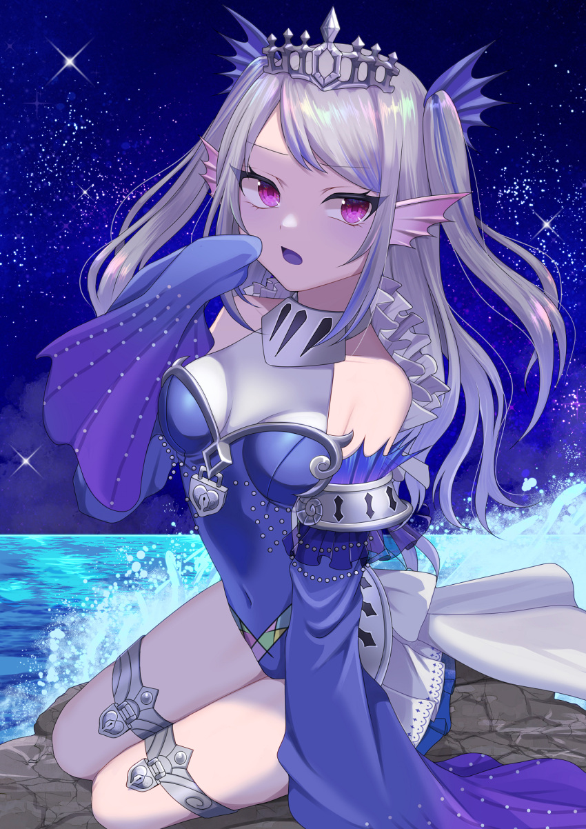 1girl bare_shoulders blue_hair covered_navel detached_sleeves duel_monster fins grey_hair head_fins highres lock multicolored_hair night night_sky ocean open_mouth padlock pinyata_(pinyaland) sitting sky sleeves_past_fingers sleeves_past_wrists solo streaked_hair tearlaments_scheiren thigh_strap tiara two_side_up violet_eyes yu-gi-oh!