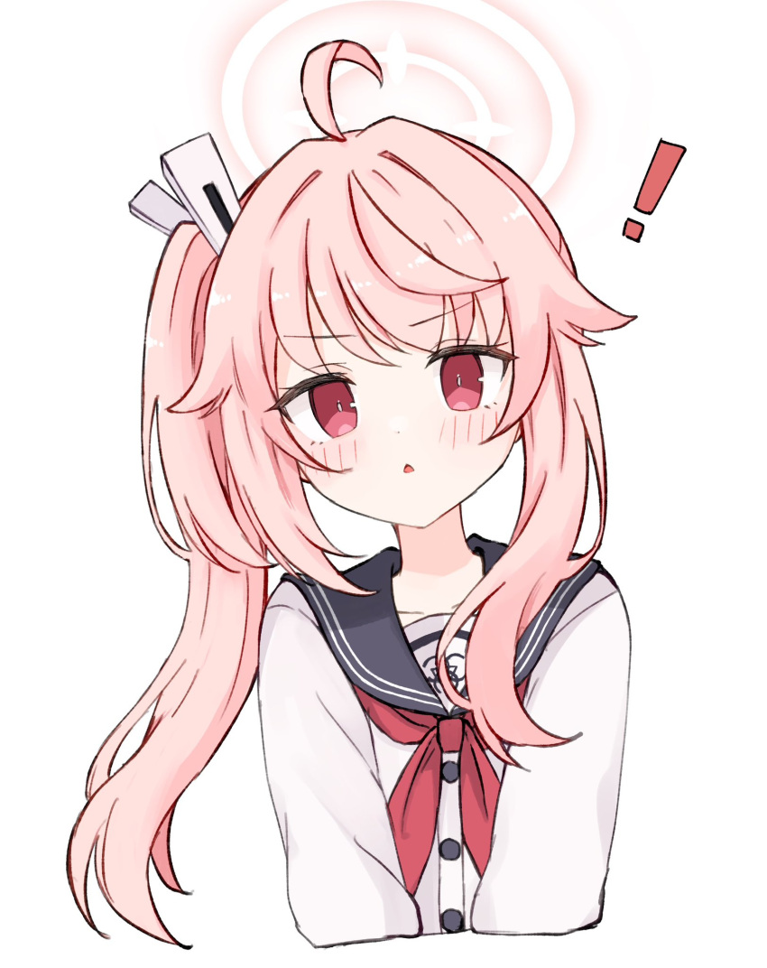 ! 1girl :o ahoge azuki_(az_my) black_sailor_collar blue_archive blush cardigan commentary cropped_torso hair_flaps hair_intakes halo highres long_hair looking_at_viewer natsu_(blue_archive) neckerchief one_side_up parted_lips pink_hair pink_halo red_eyes red_neckerchief sailor_collar school_uniform sidelocks simple_background solo untranslatable_commentary v_arms white_background white_cardigan