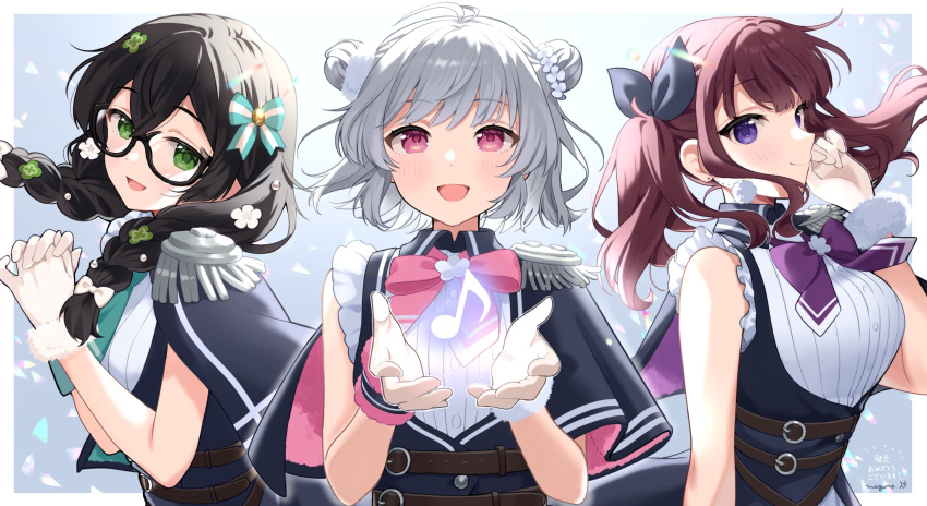 3girls :d antenna_hair bare_arms bare_shoulders binchou_maguro black-framed_eyewear black_hair black_ribbon black_skirt blue_bow blue_cape blue_vest blush border bow bowtie breasts cape cevio closed_mouth collared_shirt commentary_request crossed_bangs dated double-parted_bangs double_bun from_side fur-trimmed_gloves fur_trim glasses gloves green_eyes grey_hair hair_between_eyes hair_bow hair_bun hair_ribbon hanakuma_chifuyu hand_up hands_up highres koharu_rikka long_hair looking_at_viewer multiple_girls natsuki_karin open_mouth outside_border own_hands_together petals pink_eyes purple_background purple_bow purple_bowtie red_hair ribbon shirt short_hair signature skirt sleeveless sleeveless_shirt smile striped_bow suspender_skirt suspenders synthesizer_v twintails upper_body vest violet_eyes white_border white_bow white_gloves white_shirt