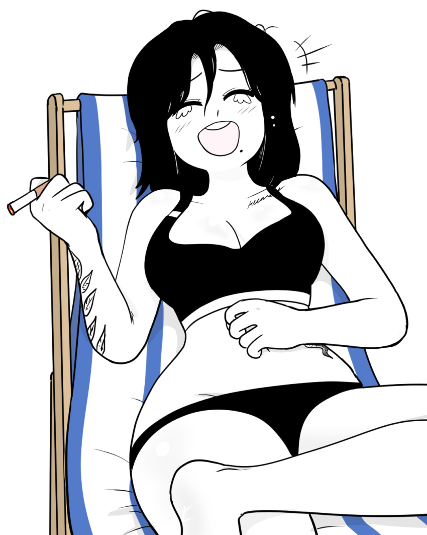 1girl arm_tattoo bikini black_bikini black_hair cigarette closed_eyes highres holding holding_cigarette kkamziru kwon_do_kyung laughing lying medium_hair mole mole_under_mouth on_back open_mouth spicy_couple swimsuit tattoo tears webtoon