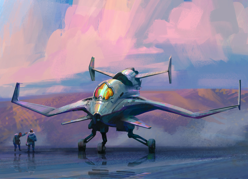 2boys absurdres aircraft airplane alien aoki_uru canards clouds dusk english_commentary fighter_jet highres honneamise_no_tsubasa jet landing landing_gear military_vehicle multiple_boys official_style original purple_sky realistic redesign robots_r4 science_fiction sky spacecraft starfighter