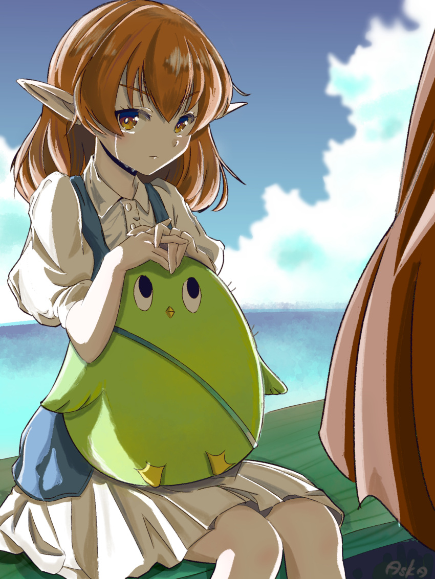 1girl 1other artist_name asuka_(pixiv82529874) black_eyes brown_eyes brown_hair day dress hands_on_another's_head helck highres outdoors piwi pointy_ears sitting sitting_on_lap sitting_on_person vermilio_(helck) water white_dress