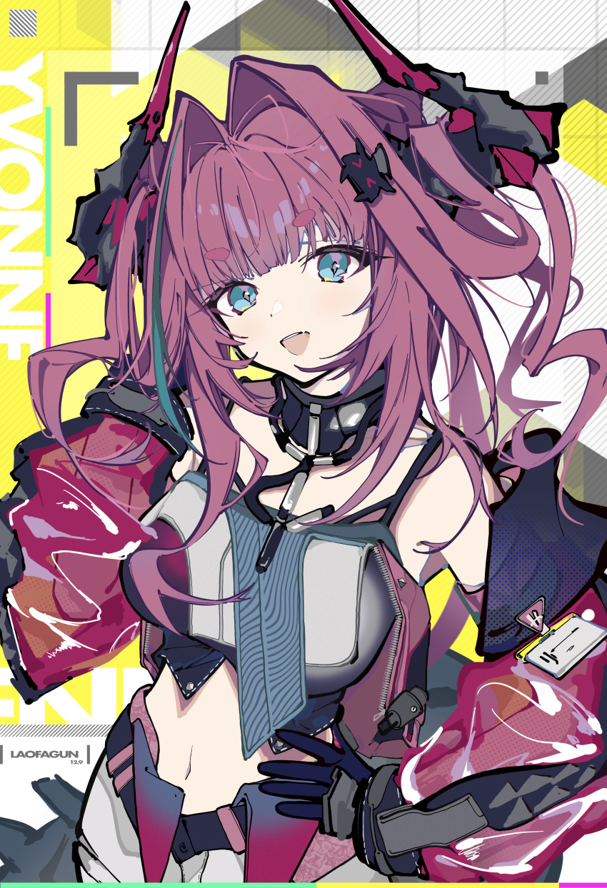 1girl absurdres arknights arknights:_endfield bare_shoulders black_gloves blue_eyes crop_top detached_sleeves dragon_girl dragon_horns dragon_tail gloves hair_intakes hand_on_own_hip highres horns laofagun long_hair long_sidelocks looking_at_viewer multicolored_hair navel open_mouth pink_hair sidelocks solo streaked_hair tail upper_body yvonne_(arknights)