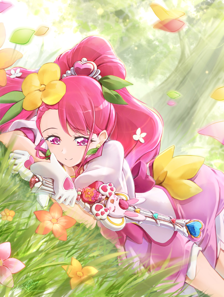 1girl artist_name clear_glass_(mildmild1311) commentary_request cure_grace dress earrings eyelashes flower forest gloves hair_flower hair_ornament hanadera_nodoka happy healin'_good_precure highres jewelry long_hair looking_at_viewer lying magical_girl nature on_stomach petals pink_dress pink_eyes pink_flower pink_hair ponytail precure puffy_short_sleeves puffy_sleeves short_sleeves signature smile solo tree twitter_username wand white_gloves yellow_flower