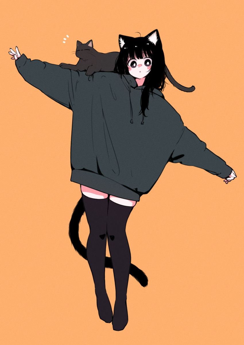 1girl :o animal_ear_fluff animal_ears animal_on_shoulder black_cat black_eyes black_hair black_thighhighs blush blush_stickers bright_pupils cat cat_ears cat_girl cat_on_shoulder cat_tail emphasis_lines full_body grey_hoodie highres hood hoodie megateru nose_blush orange_background original outstretched_arms oversized_clothes sleeves_past_wrists solo spread_arms tail thigh-highs white_pupils zettai_ryouiki