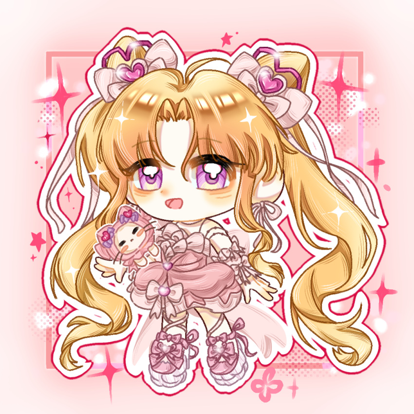 1girl =_= absurdly_long_hair animal ankle_bow ankle_ribbon arm_bow arm_warmers armlet back_bow beads blonde_hair blush_stickers bow bowtie bubble_skirt cat chibi chinese_commentary choker cloak closed_mouth clothed_animal commentary_request cone_hair_bun dot_nose double_bun dreamtime_bestowed_(infinity_nikki) dress dress_bow ear_covers eyelashes footwear_bow frilled_arm_warmers frilled_cloak frilled_dress frills frown gem gem_hair_ornament gulu_guo_bao_rou hair_between_eyes hair_bow hair_bun hair_ribbon happy heart-shaped_gem hood hood_up hooded_cloak infinity_nikki jewelry large_bow leg_ribbon leg_up light_blush light_particles long_hair long_sidelocks momo_(nikki) multicolored_shoes nikki_(series) official_alternate_costume open_mouth outline parted_bangs pink_arm_warmers pink_background pink_bow pink_bowtie pink_choker pink_clouds pink_dress pink_gem pink_ribbon pink_shoes purple_bow ribbon ribbon_earrings shoes short_dress sidelocks skirt sleeveless sleeveless_dress smile spaghetti_strap sparkle standing twintails two-tone_shoes very_long_hair violet_eyes wavy_hair whiskers white_cat white_outline white_shoes wrist_bow