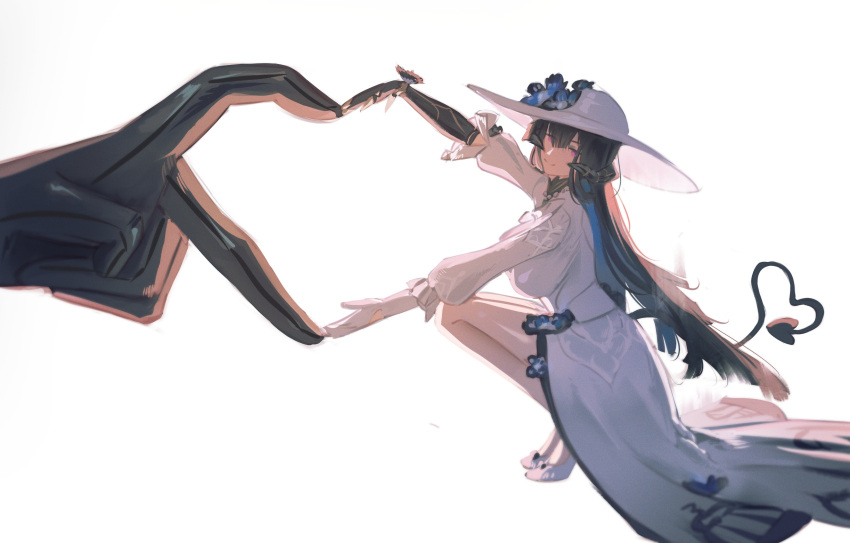 2girls absurdres asymmetrical_gloves black_flower black_gloves black_hair black_horns black_swan_(honkai:_star_rail) blue_hair breasts colored_inner_hair commentary demon_girl demon_horns demon_tail dress english_commentary flower four-finger_heart_hands full_body gloves hair_between_eyes hat hat_flower heart heart_arms heart_arms_duo heart_hands heart_hands_duo heart_tail high_heels highres honkai:_star_rail honkai_(series) horns large_breasts long_hair mismatched_gloves multicolored_hair multiple_girls out_of_frame shoes smile squatting sun_hat tail the_dahlia_(honkai:_star_rail) two-tone_hair very_long_hair violet_eyes waffle_404 white_background white_dress white_gloves white_hat white_shoes yuri