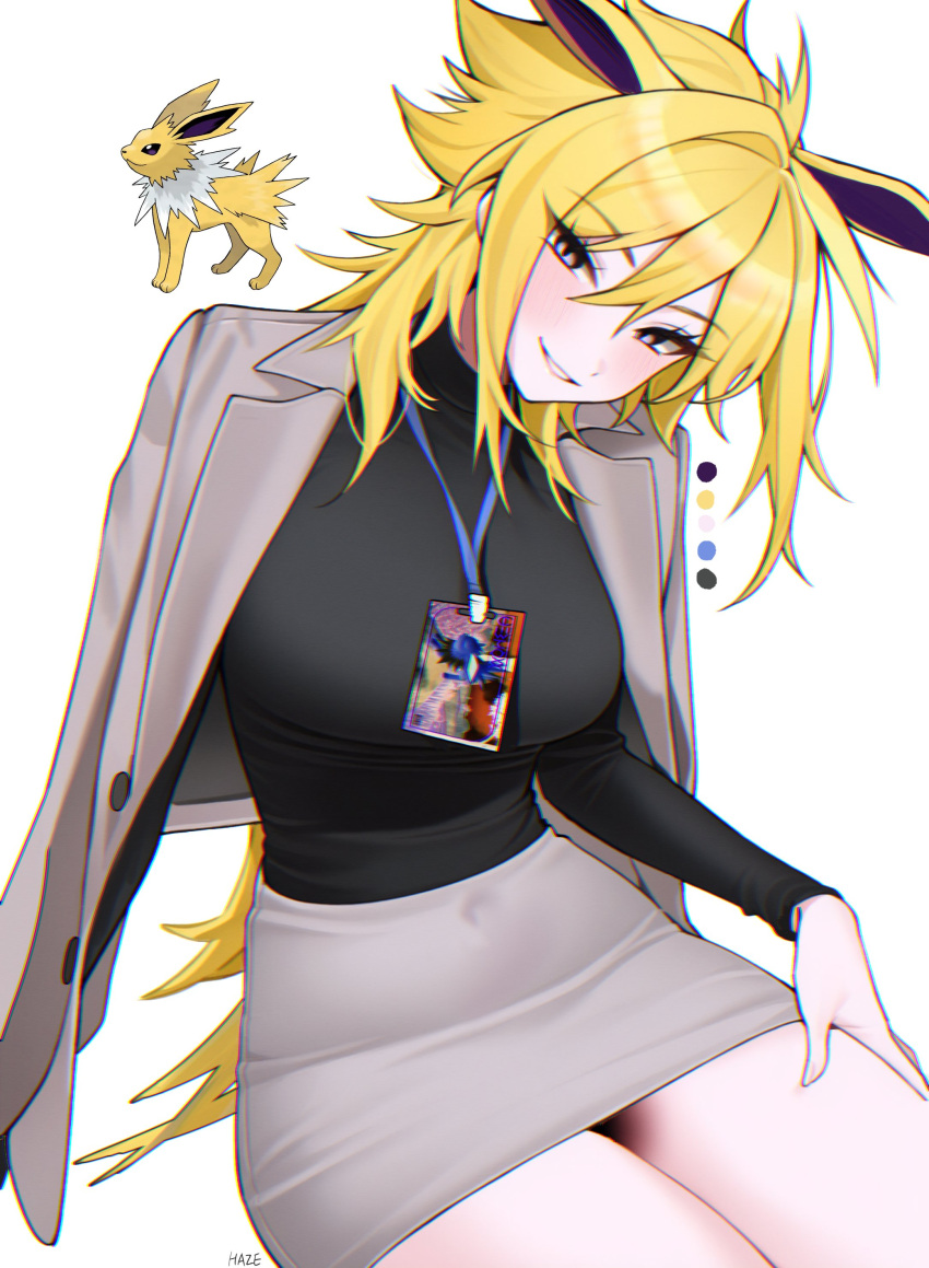 1girl absurdres black_shirt blonde_hair blush breasts brown_jacket brown_skirt cowboy_shot hair_between_eyes hand_on_own_thigh haze_(7h4ze) head_tilt highres id_card jacket jacket_on_shoulders jolteon lanyard long_sleeves looking_at_viewer medium_breasts office_lady parted_lips pencil_skirt personification pink_eyes pokemon pokemon_(creature) shirt short_hair sidelocks simple_background sitting skirt smile suit_jacket tail teeth thigh-highs white_background