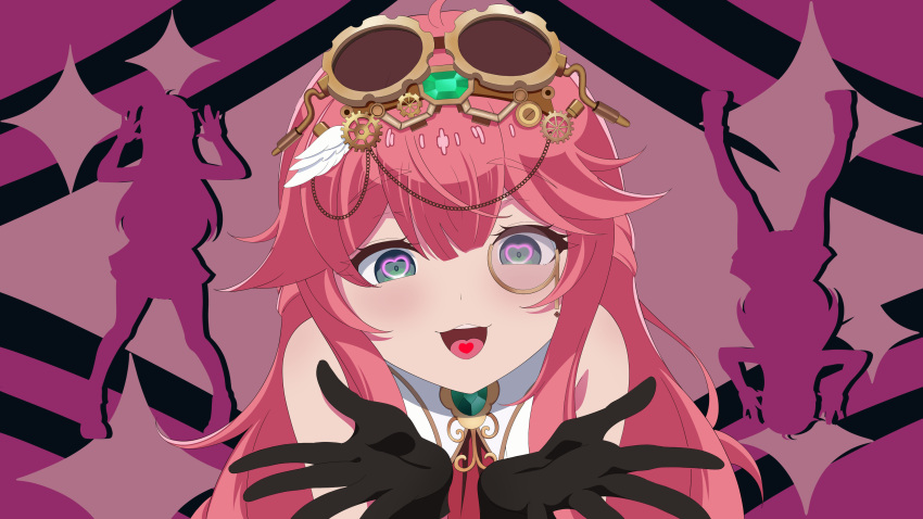 1girl absurdres aivy_lovencraft fanart gloves goggles goggles_on_head green_eyes heart heart-shaped_pupils highres indie_virtual_youtuber jaal_art long_hair looking_at_viewer monocle pink_hair smile solo symbol-shaped_pupils virtual_youtuber vtuber vtuberfanart