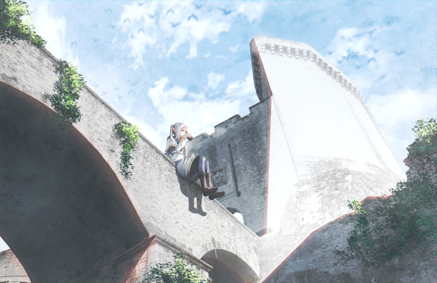 1girl advarcher blue_sky boots brown_footwear building clouds cup drinking elf frieren green_eyes highres holding holding_cup pantyhose plant pointy_ears scenery sitting sky solo sousou_no_frieren white_hair wooden_cup