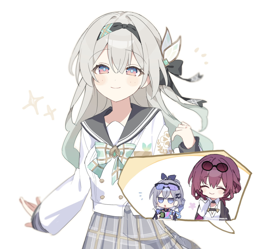 3girls absurdres black_hairband blue_eyes bow bowtie breasts buttons closed_eyes commentary_request cowboy_shot double-breasted eyewear_on_head firefly_(honkai:_star_rail) firefly_(spring_missive)_(honkai:_star_rail) goggles goggles_on_head green_bow green_bowtie grey_background grey_hair grey_sailor_collar hairband highres honkai:_star_rail honkai_(series) kafka_(honkai:_star_rail) long_sleeves looking_at_viewer medium_breasts multicolored_eyes multiple_girls official_alternate_costume pince-nez plaid_bow plaid_bowtie plaid_clothes plaid_skirt pleated_skirt purple_hair sailor_collar school_uniform serafuku shirt silver_wolf_(honkai:_star_rail) simple_background skirt smile solo_focus sparkle speech_bubble spoken_character two-tone_eyes uwasewau violet_eyes white_shirt