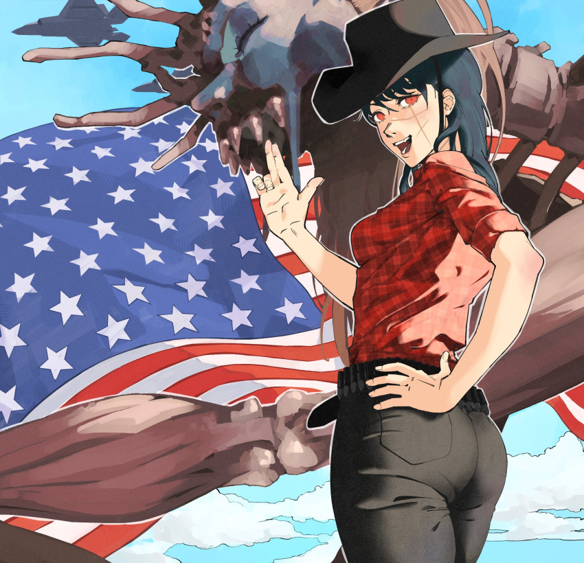 1girl aircraft airplane american_flag ammunition_belt black_hair black_pants breasts chainsaw_man clouds commentary cowboy_hat cowboy_shot cross_scar dakaeya english_commentary fighter_jet hand_on_own_hip hat highres long_hair looking_back medium_breasts military_vehicle orange_eyes pants plaid_clothes plaid_shirt red_shirt scar scar_on_cheek scar_on_face scar_on_nose shirt sleeves_rolled_up solo twisted_torso waving yoru_(chainsaw_man)