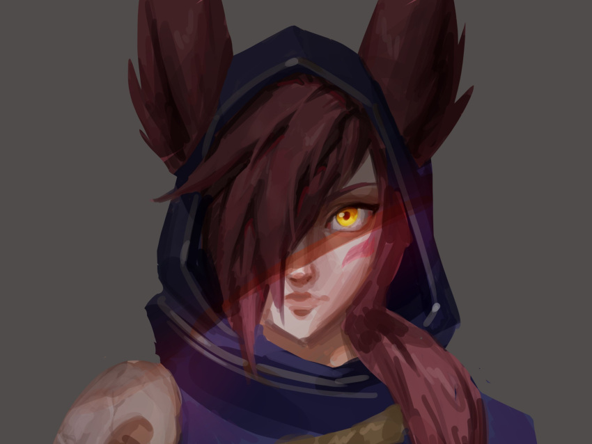 1girl animal_ears closed_mouth ears_through_headwear facial_mark hair_over_one_eye highres hood hood_up league_of_legends long_hair looking_at_viewer odanju one_eye_covered portrait redhead shoulder_plates simple_background skull solo xayah yellow_eyes