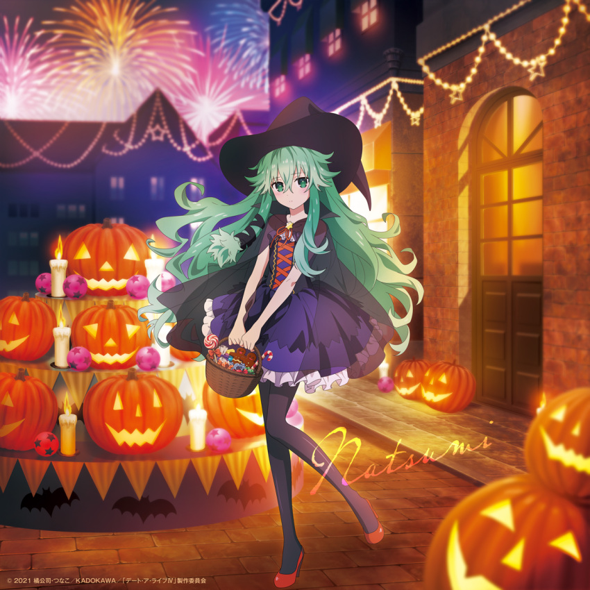 1girl black_pantyhose brick_road brick_wall building candle candy candy_cane date_a_live door dress fireworks food green_eyes green_hair halloween hat high_heels highres natsumi_(date_a_live) night official_art outdoors pantyhose pavement pumpkin purple_dress red_footwear window witch_hat