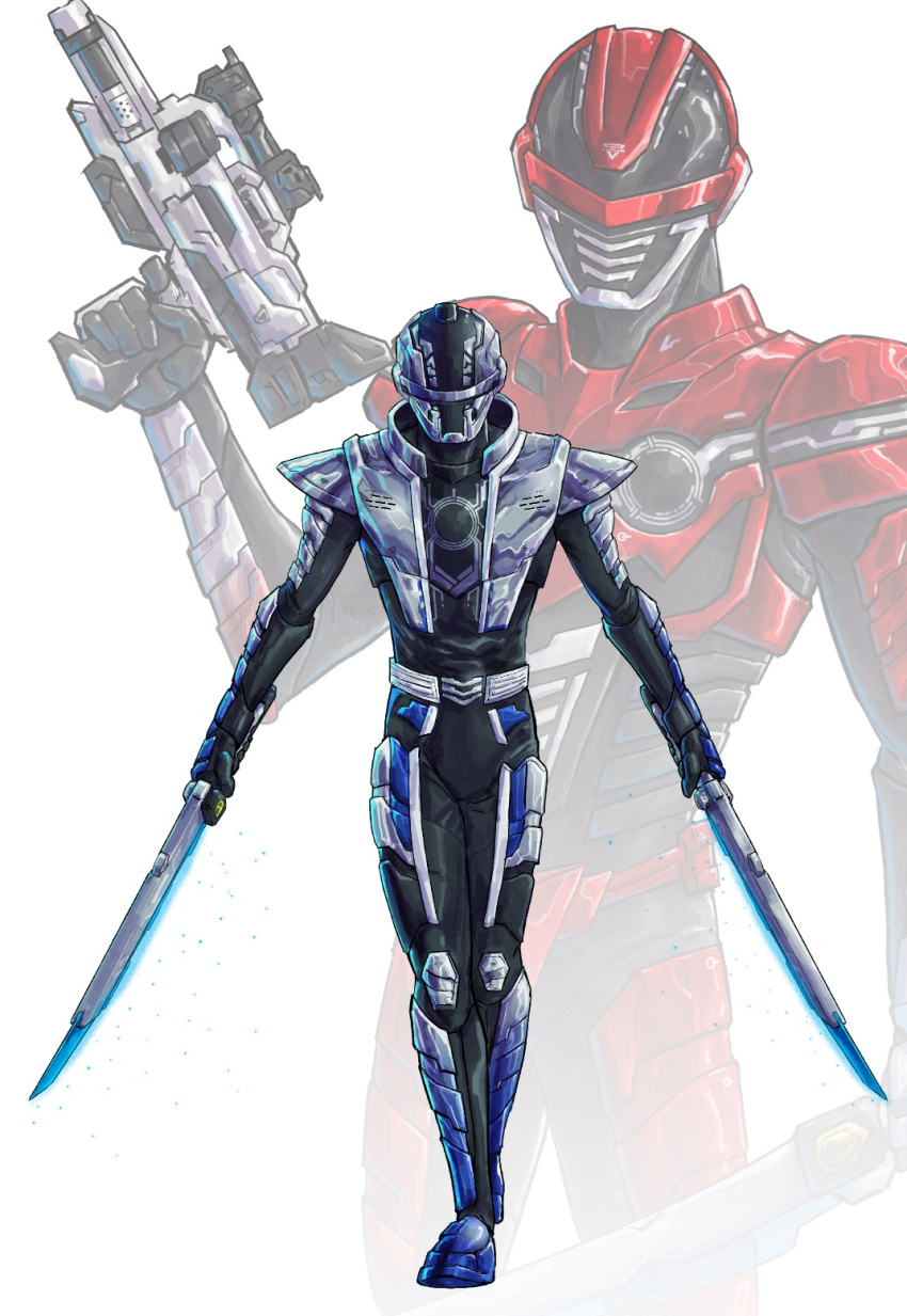 2boys adi_(adivider) armor armored_bodysuit black_bodysuit bodysuit character_mask chou_uchuu_keiji_gavan_infinity combat_helmet commission dual_wielding full_armor gavan_bushido gavan_infinity gavarion_blade gavarion_trigger gun helmet highres holding holding_gun holding_sword holding_weapon male_focus mask multiple_boys red_armor red_bodysuit red_helmet science_fiction silver_armor sword tokusatsu two-tone_armor upper_body weapon