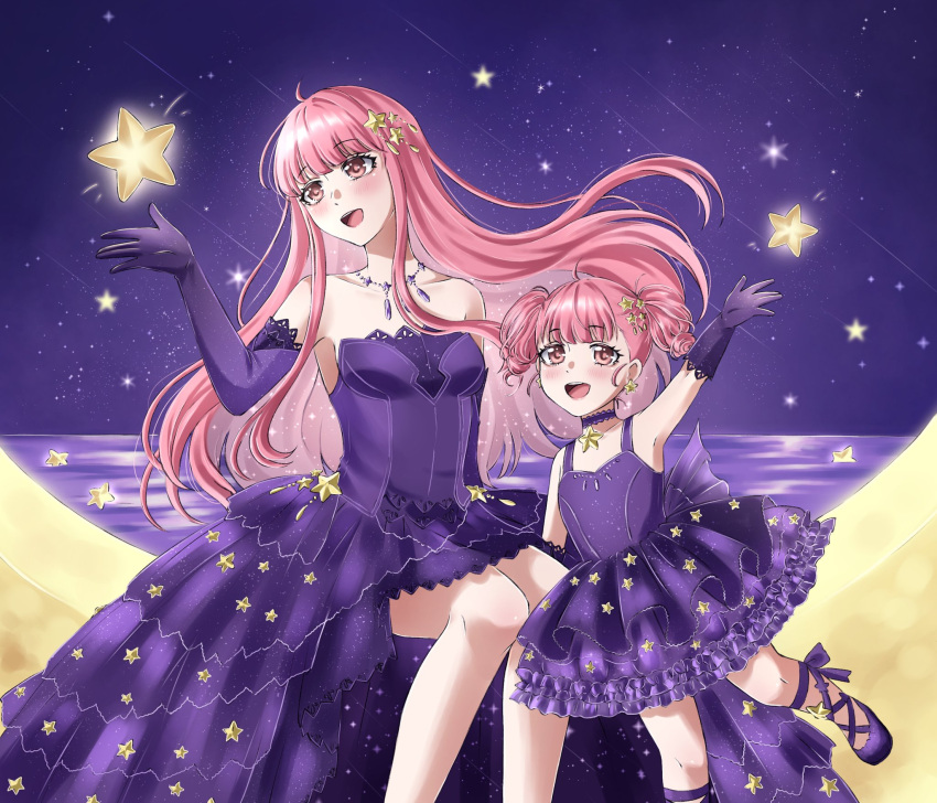 2girls arm_up back_bow ballet_slippers bare_legs bare_shoulders bead_necklace beads bow brown_eyes brown_pupils child choker collarbone colored_inner_hair commentary dot_nose dress earrings elbow_gloves english_commentary eyelashes feet_out_of_frame floating_hair foot_out_of_frame gloves gown hair_beads hair_ornament happy hexagram highres jewelry knees lace-trimmed_choker lace-trimmed_dress lace-trimmed_gloves lace_trim leg_bow leg_ribbon light_blush long_dress long_hair long_sidelocks looking_at_object meteor_shower multicolored_hair multiple_girls necklace night nikki_(nikki) nikki_(series) nonoberry22 object_floating_above_hand ocean on_crescent open_mouth outdoors pink_hair print_dress purple_bow purple_choker purple_dress purple_gloves purple_ribbon purple_shoes purple_sky ribbon shining_nikki shoes short_dress short_hair short_twintails sidelocks sitting sky sleeveless sleeveless_dress smile space_print star_(sky) star_(symbol) star_choker star_earrings star_hair_ornament star_necklace star_print star_sea_(nikki) starry_sky starry_sky_print strapless strapless_dress teeth time_paradox twintails two-sided_dress two-sided_fabric upper_teeth_only very_long_hair young_nikki_(shining_nikki)