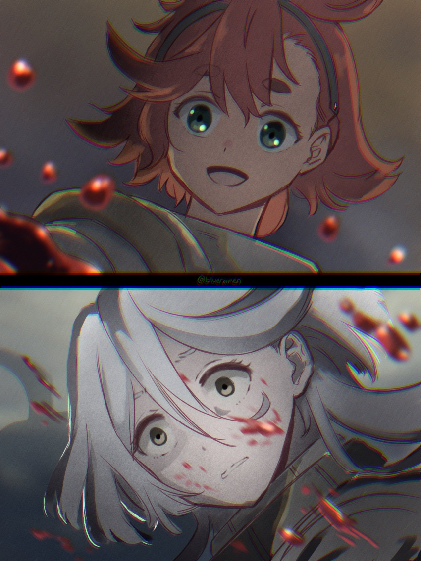 2girls blood blood_on_clothes blood_on_face blood_on_hands color_banding english_commentary green_eyes grey_eyes gundam gundam_suisei_no_majo highres long_hair miorine_rembran multiple_girls reaching_towards_another redhead short_hair smile spoilers suletta_mercury surprised white_hair wide-eyed xin_(blueramen)