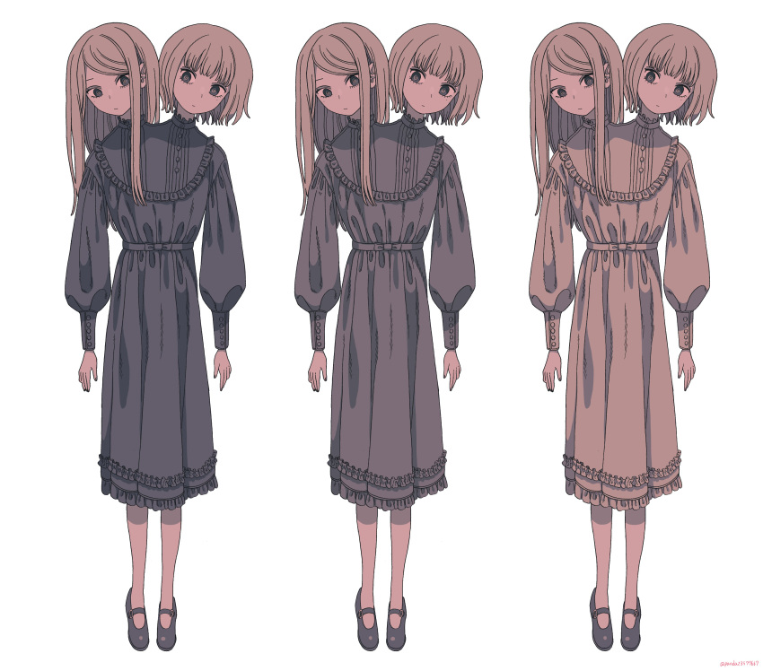 2girls absurdres arms_at_sides black_eyes black_footwear bob_cut conjoined dress expressionless frills full_body highres long_hair long_sleeves looking_at_viewer medium_dress multiple_girls multiple_heads original panda23577667 puffy_long_sleeves puffy_sleeves shoes short_hair siblings simple_background standing straight_hair twins twitter_username variations white_background