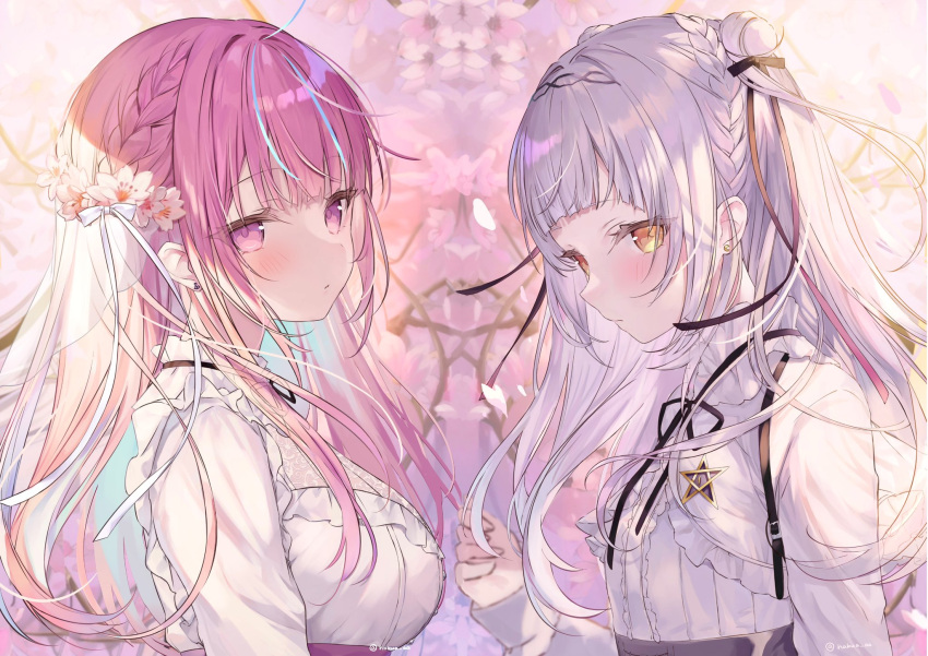 2girls alternate_costume anchor_earrings black_ribbon blue_hair blunt_bangs blurry blurry_background blush braid breasts closed_mouth commentary_request crescent crescent_earrings crown_braid double_bun earrings floral_background frilled_shirt frills grey_skirt hair_bun hair_ribbon hakua_aa high-waist_skirt highres hololive jewelry large_breasts long_hair long_sleeves looking_at_viewer looking_to_the_side minato_aqua minato_aqua_(school_uniform) multicolored_hair multiple_girls murasaki_shion neck_ribbon official_alternate_costume pink_eyes pink_hair purple_skirt ribbon shirt side_braid skirt star_(symbol) star_print streaked_hair sunlight two-tone_hair upper_body virtual_youtuber white_hair white_shirt yellow_eyes