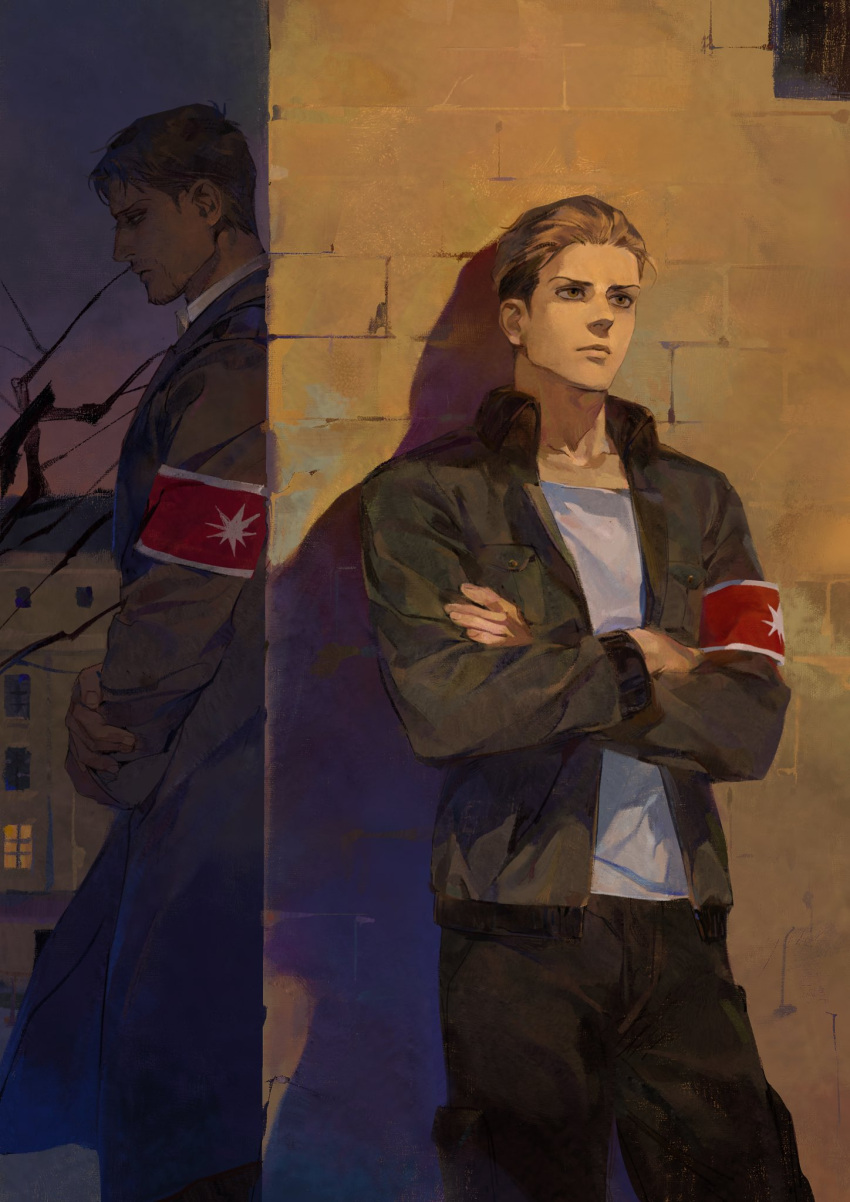 2boys against_wall armband blonde_hair brown_hair building expressionless facial_hair feet_out_of_frame hand_on_own_arm highres luguoadeli_(maple12031) male_focus marley_military_uniform multiple_boys pants porco_galliard red_armband reiner_braun shingeki_no_kyojin shirt short_hair standing stubble undercut
