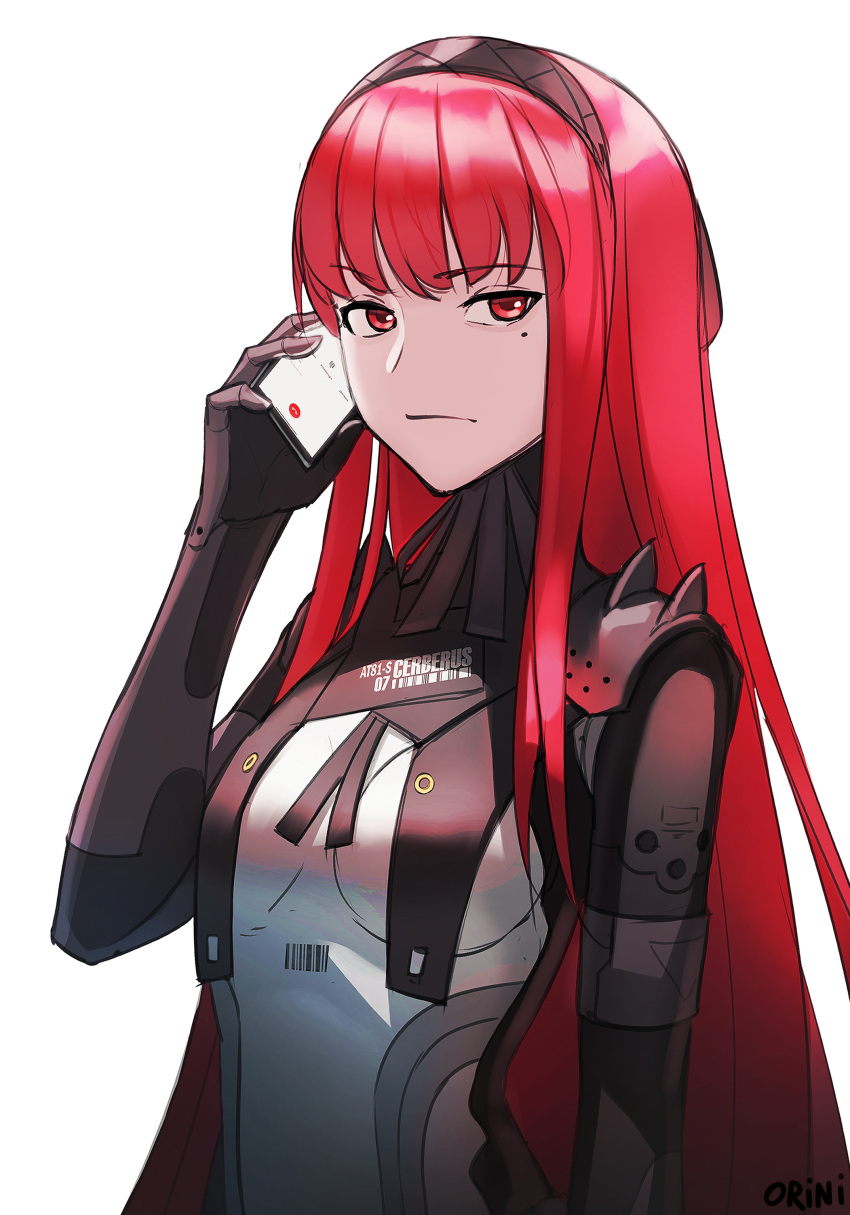 1girl absurdres armband armor barcode black_hairband bodysuit breasts cellphone hairband highres long_hair looking_at_viewer mole mole_under_eye phone punishing:_gray_raven raised_eyebrow red_eyes redhead shoulder_armor signature simple_background skin_tight small_breasts smartphone solo straight_hair talking_on_phone upper_body vera:_rozen_(punishing:_gray_raven) vera_(punishing:_gray_raven) very_long_hair vladislav_ton white_background white_bodysuit