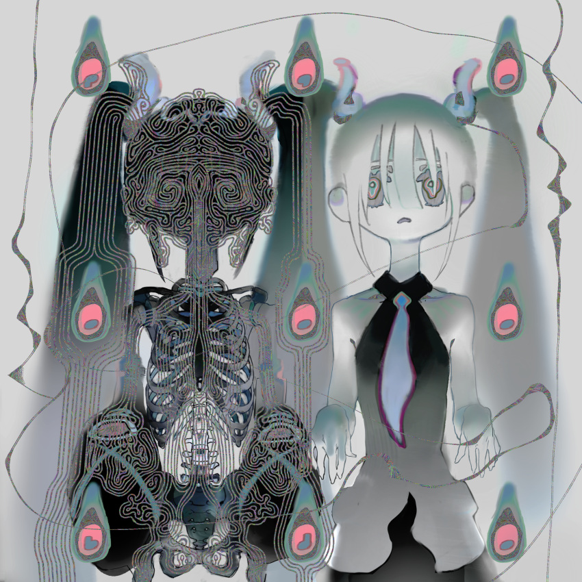 2girls absurdres bare_shoulders black_skirt commentary_request frown ghost_miku_(project_voltage) gradient_hair grey_background hands_up hatsune_miku highres hitodama joon_(jjoooonn) multicolored_eyes multicolored_hair multiple_girls muted_color necktie open_mouth pale_skin pokemon project_voltage ribs shirt skeleton skirt sleeveless sleeveless_shirt spine surreal twintails vocaloid