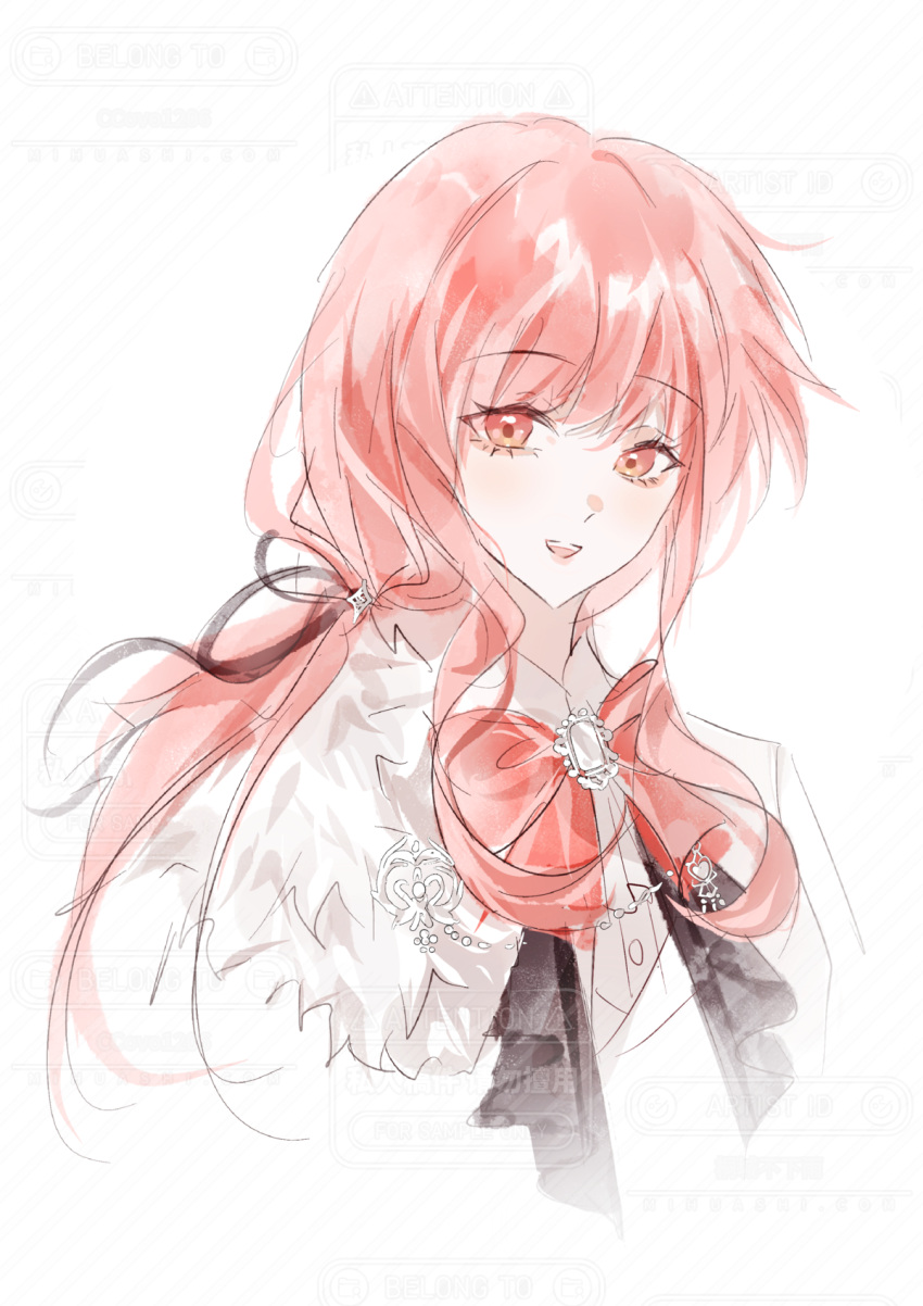 1girl artist_request bow bowtie brooch brown_eyes cape character_request chinese_commentary commentary_request commission cropped_torso crossdressing crossdressing_(ftm) dot_nose dress_shirt eyelashes formal_clothes fur-trimmed_cape fur_trim gem happy highres jacket jewelry long_hair looking_at_viewer low_ponytail nikki_(nikki) nikki_(series) open_mouth pink_hair ponytail red_bow red_bowtie sample_watermark second-party_source shining_nikki shirt side_cape sidelocks simple_background smile solo teeth too_many_watermarks tuxedo upper_teeth_only very_long_hair watermark watermark_grid wavy_hair white_background white_gem white_jacket white_shirt