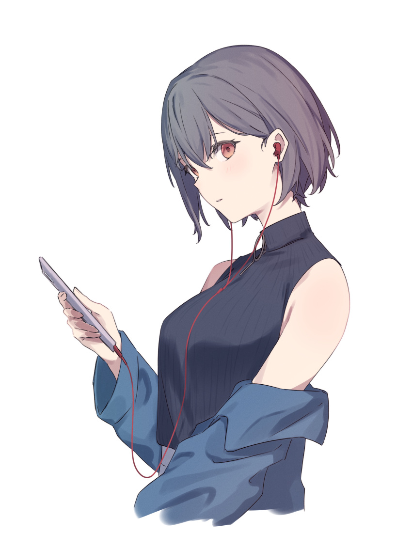 1girl absurdres bang_dream! bang_dream!_it's_mygo!!!!! black_shirt blue_jacket breasts brown_eyes cellphone commentary_request earphones grey_hair highres holding holding_phone jacket kanade_(kanade_3344) medium_breasts off_shoulder parted_lips phone shirt short_hair simple_background sleeveless sleeveless_shirt smartphone solo takamatsu_tomori upper_body white_background