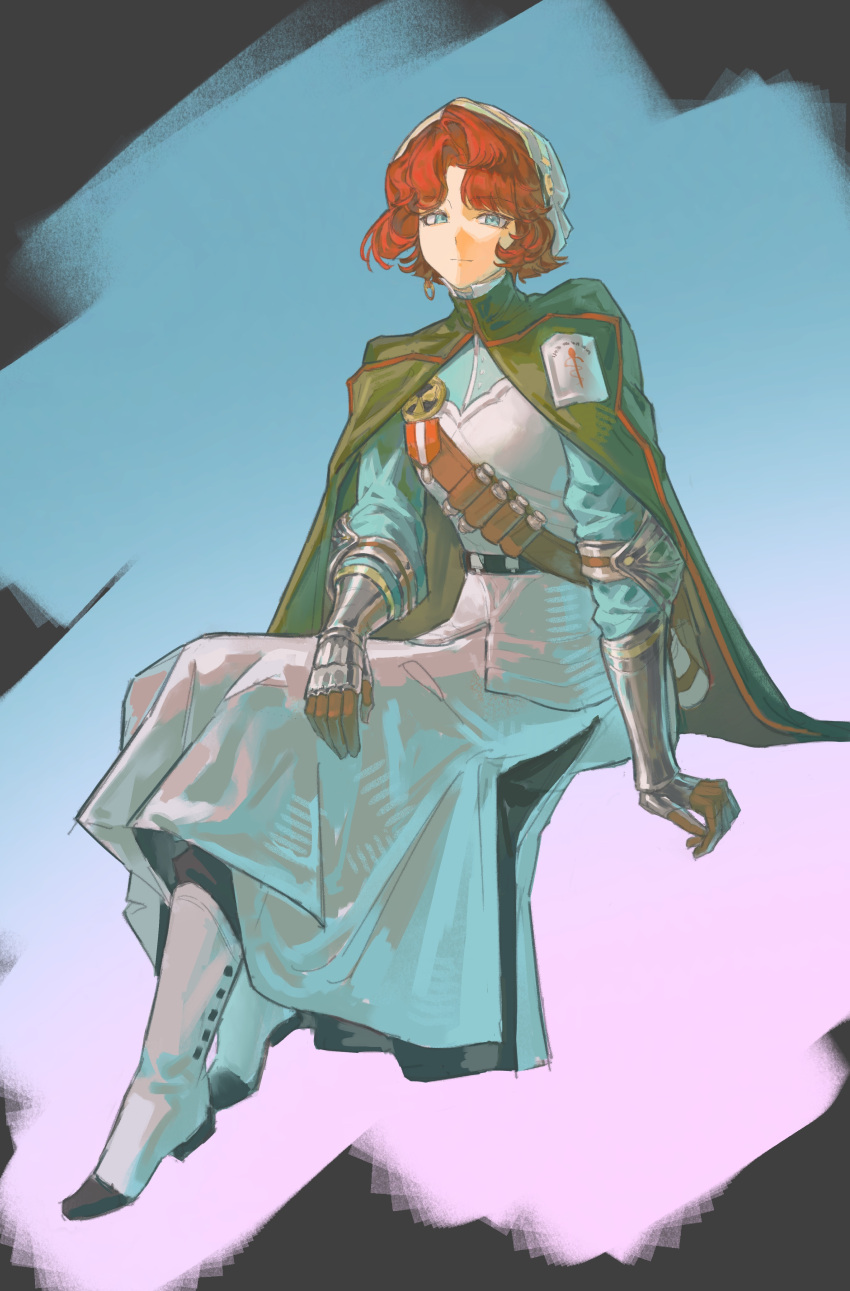 1girl absurdres blue_background blue_eyes blue_shirt boots cape chinese_commentary closed_mouth commentary_request full_body gauntlets gradient_background green_cape hat highres invisible_chair long_skirt looking_at_viewer marsha_(reverse:1999) pink_background red_hair reverse:1999 rod_of_asclepius shirt short_hair shoulder_belt sitting skirt solo tueminge white_boots white_hat white_skirt