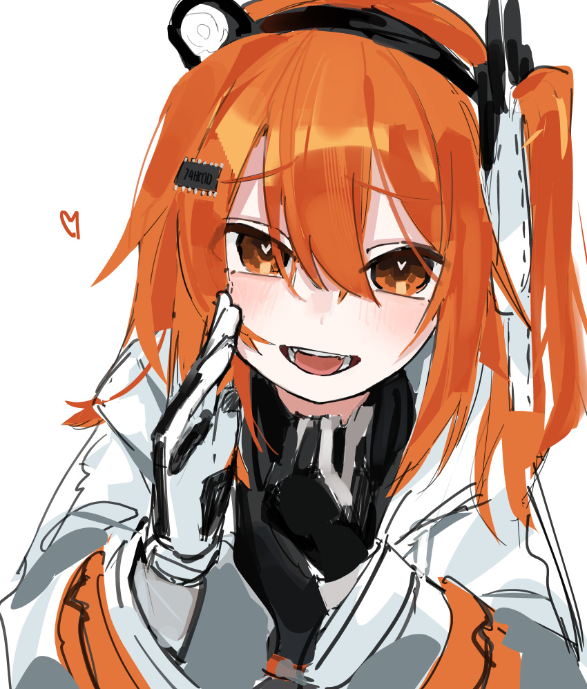 1girl a.i._voice absurdres adachi_rei black_sweater coat commentary_request gloves hair_between_eyes headset heart heart-shaped_pupils highres open_mouth orange_eyes orange_hair simple_background solo sweater symbol-shaped_pupils teeth upper_body uranosebi utau white_background white_coat